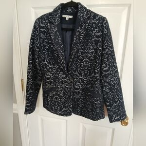 Cabi Women's Size 6 Brocade Single Button Blazer Navy Blue Jacquard Print